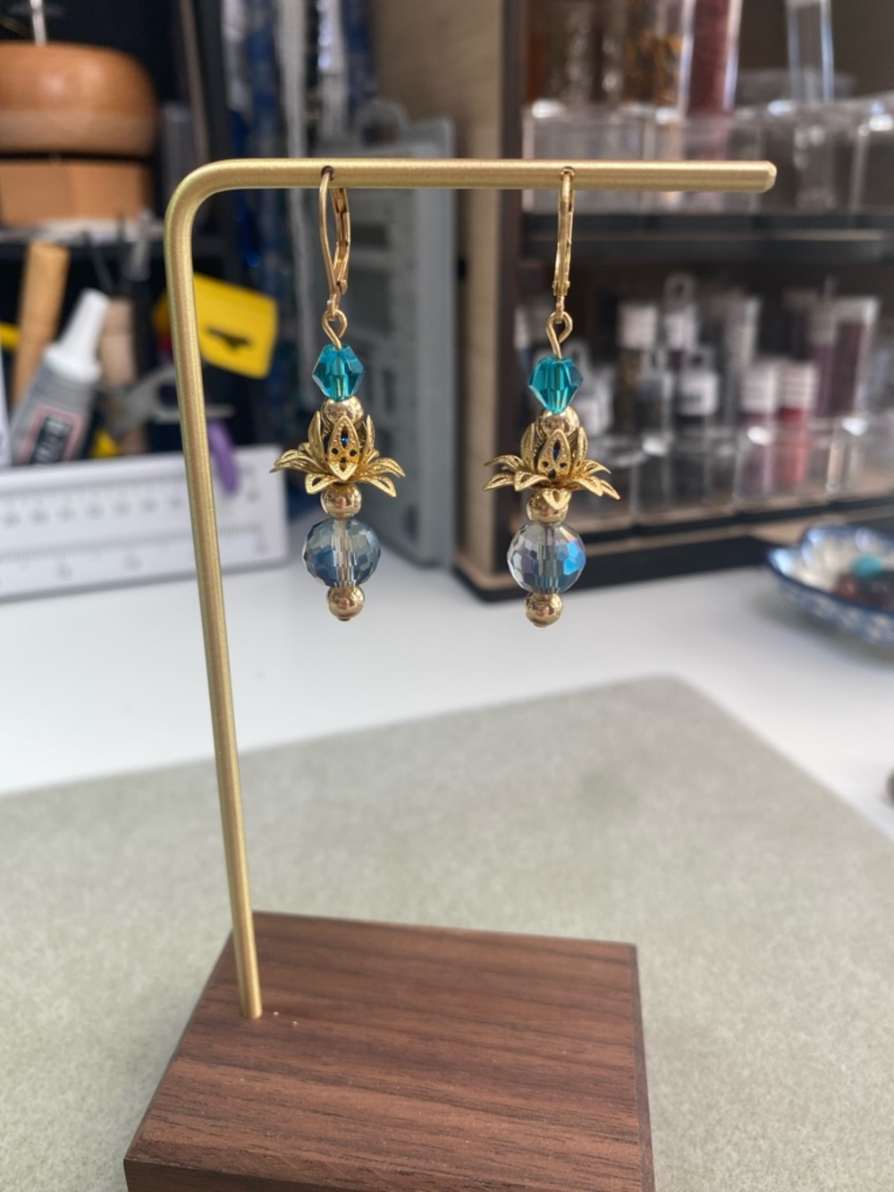 Gold Lotus Drop Earrings with Teal and Iridescent Beads